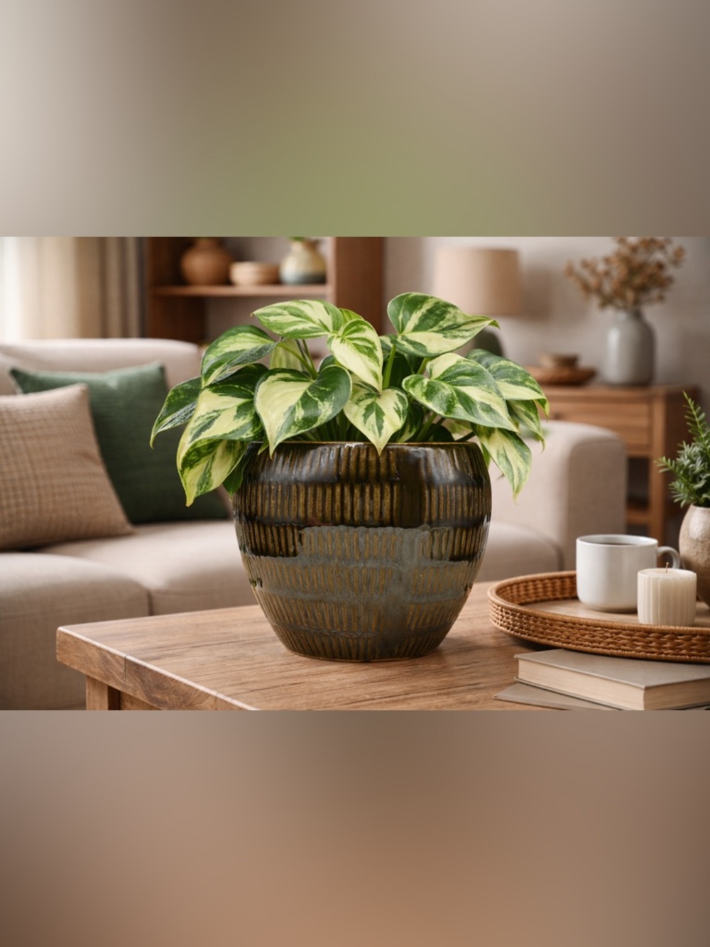 Olive Green Ribbed Ceramic Planter, Vintage Style Textured Cachepot, 5 Inch